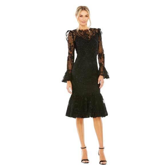 NWT Mac Duggal Ruffle Wrist Embellished High Neck Midi Dress, Black, 14, 498$ - Picture 1 of 9